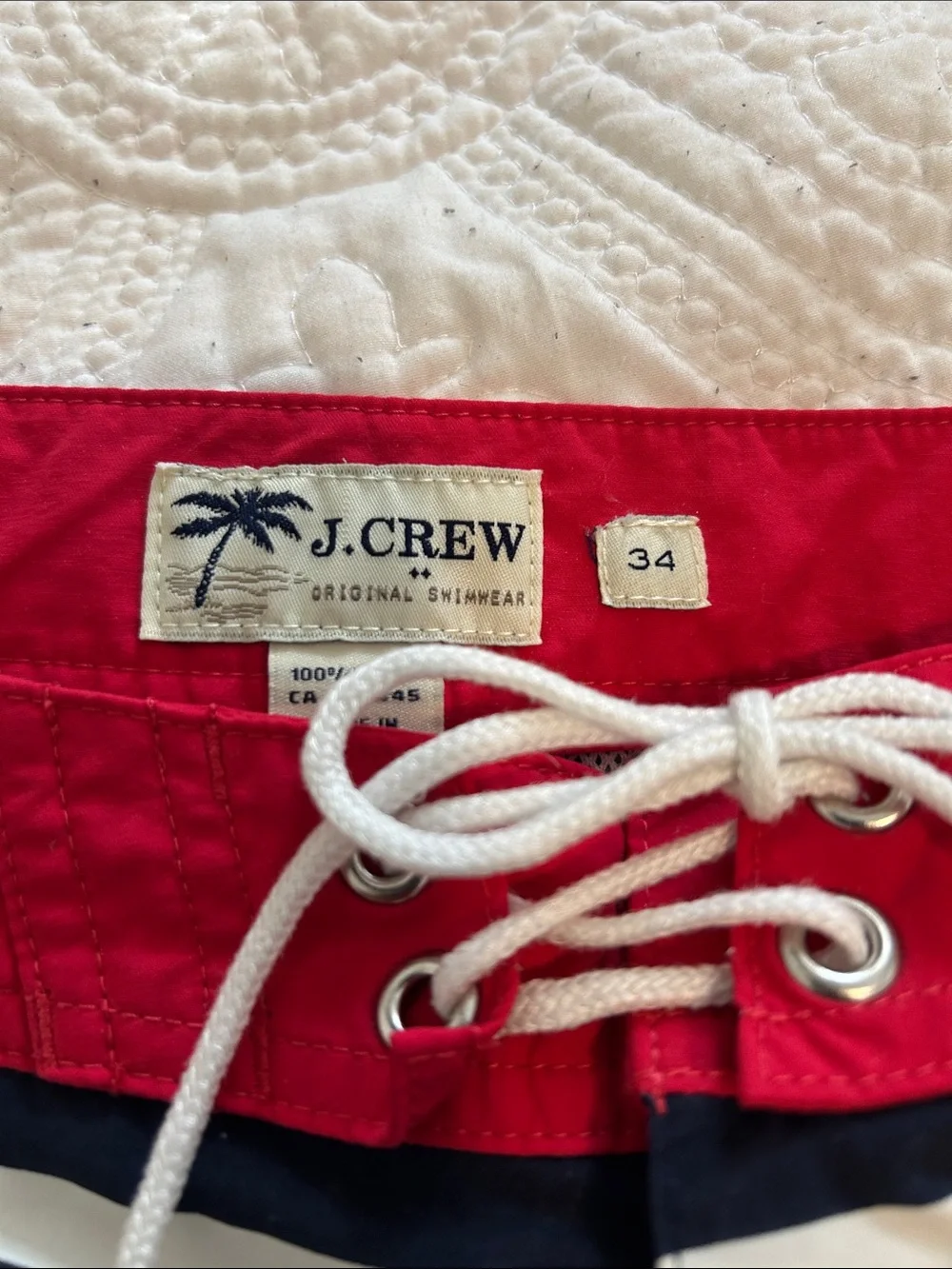 J. Crew Navy and White Striped Swim Trunks with Red Waistband Size 34